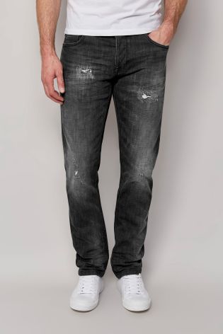 Washed Black Distressed Jeans With Stretch
